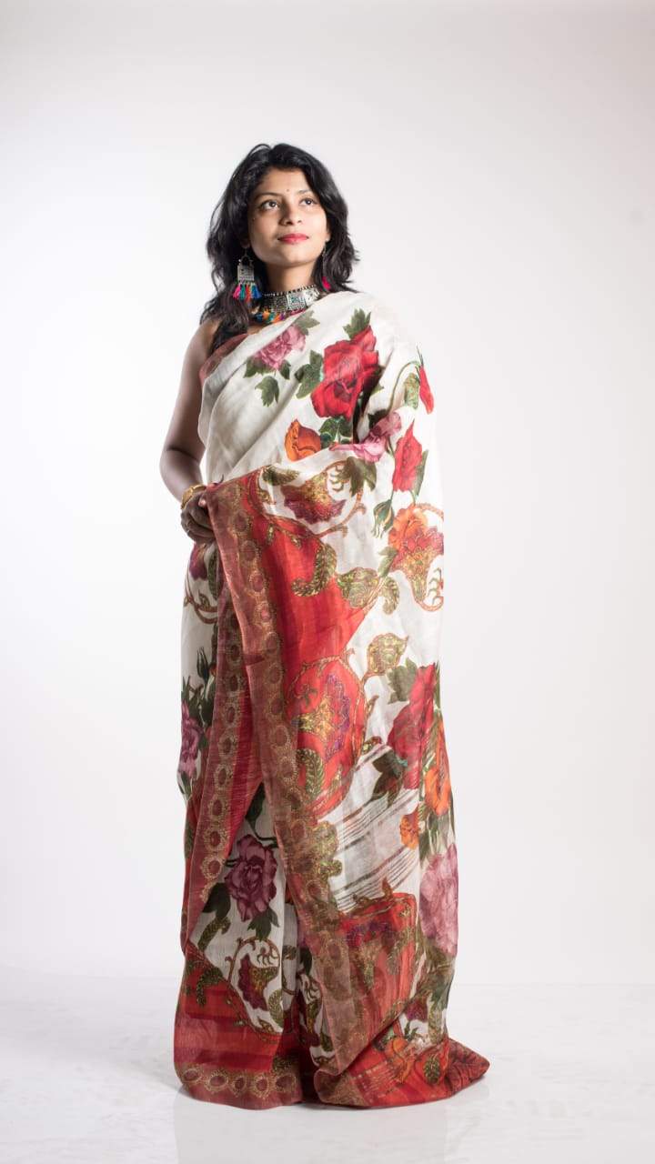 Floral Digital Print Linen Saree In White,Latest Digital Print Saree ,Shop Floral Print Saree Best Rates