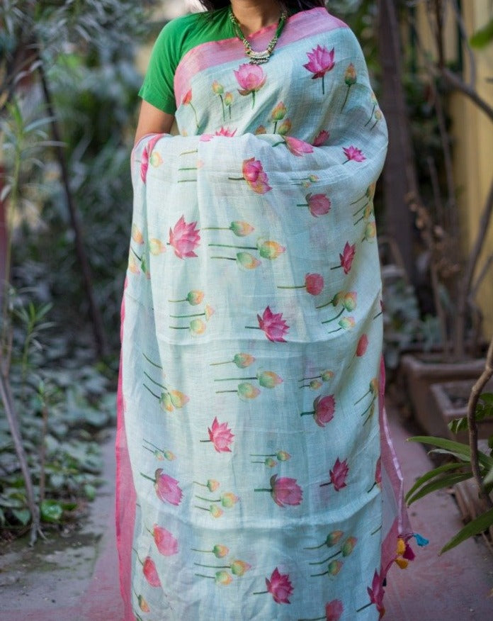 Pure Linen Lotus Print Saree,Latest Digital Print Saree ,Shop Floral Print Saree Best Rates