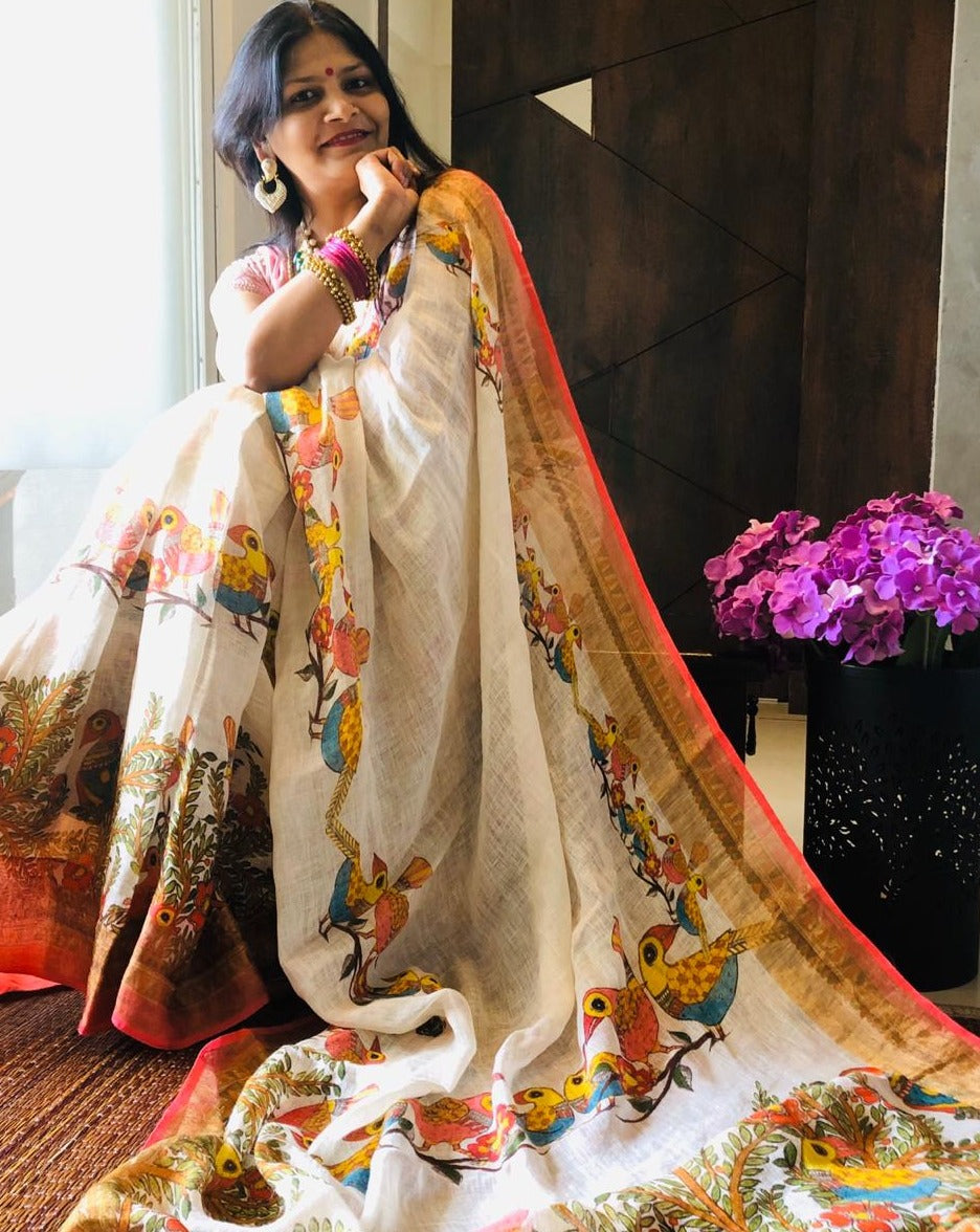 Bird Design Fancy Linen Saree In Off White,Buy Digital Print Saree Online,Latest Printed Linen Saree At Affordable Rate