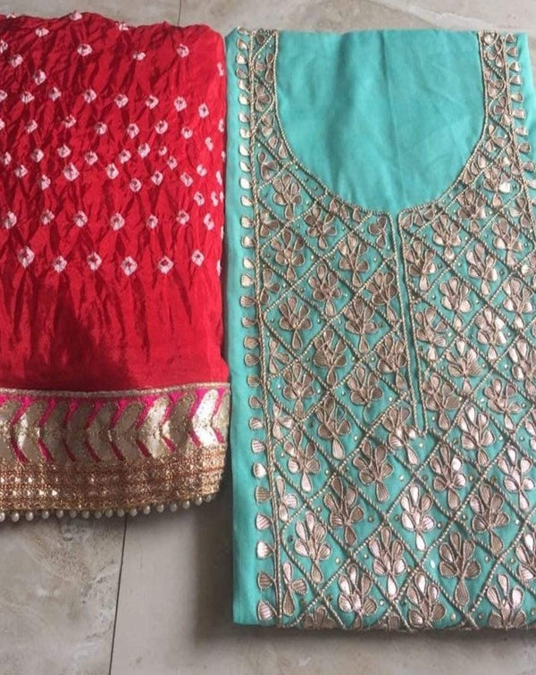 Gota Patti Suit In Skyblue And Red,Latest Bandhej Hand Gota Patti Suit Online,Shop Bandhani Gota Patti Suit Set At Best Rates