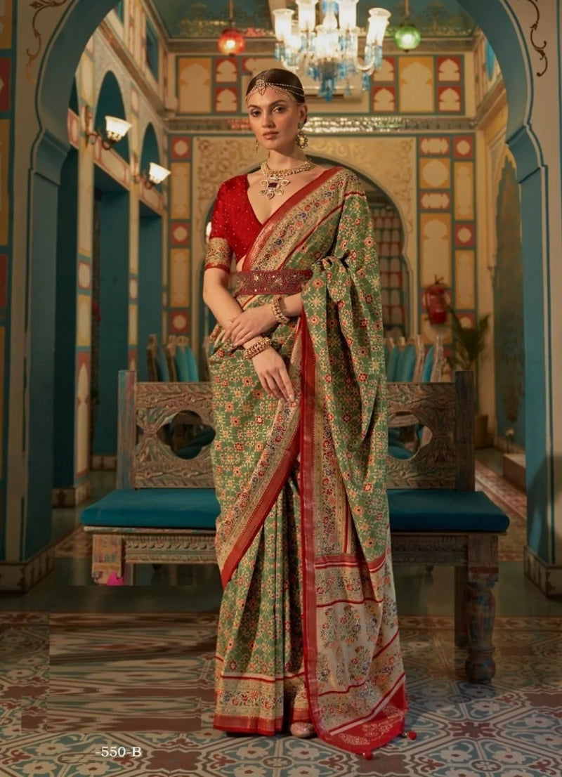 Green And Red Patola Silk Saree With Contrast Blouse