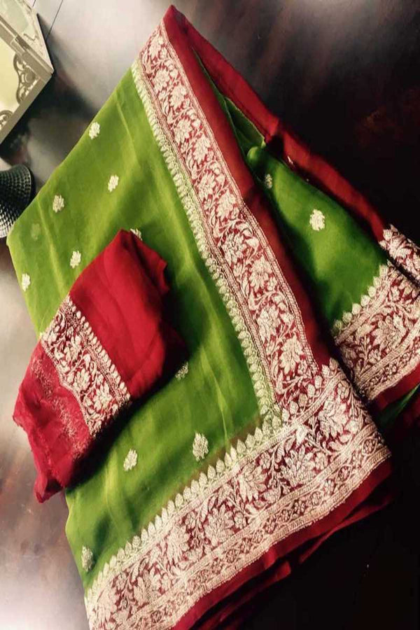 Green Banarasi Khaddi Chiffon Saree,Wedding Saree, Indian Sarees, Online Sarees