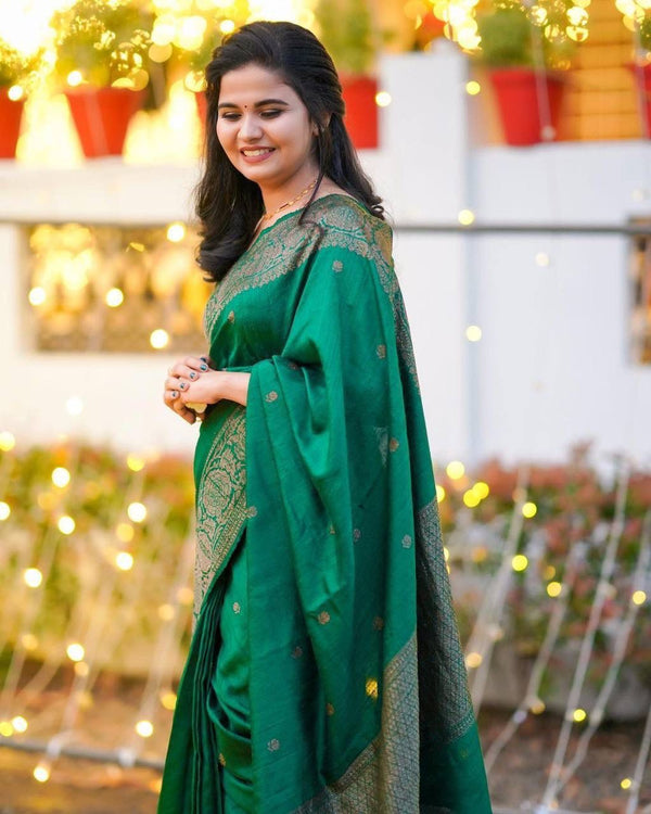 Green Banarasi Soft Silk Saree With Blouse