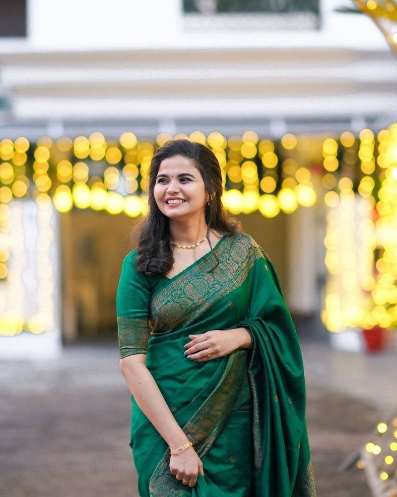Green Banarasi Soft Silk Saree With Blouse