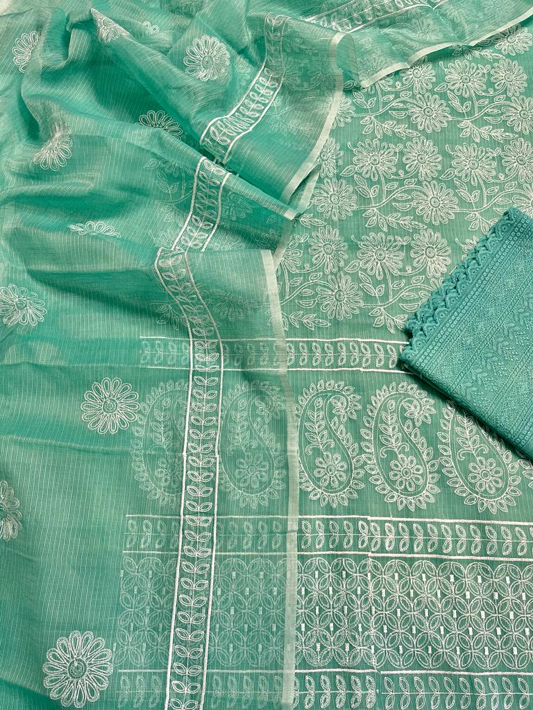 Green Embroided Cotton Kota Doria Suit Fabric With Dupatta