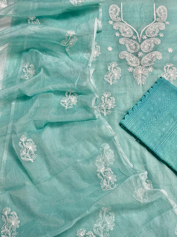 Green Hand Embroided Kota Doria Suit With Dupatta
