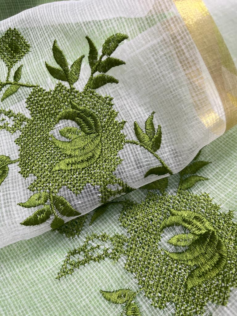 Green Hand Embroided Cotton Kota Doria Suit Fabric With Dupatta