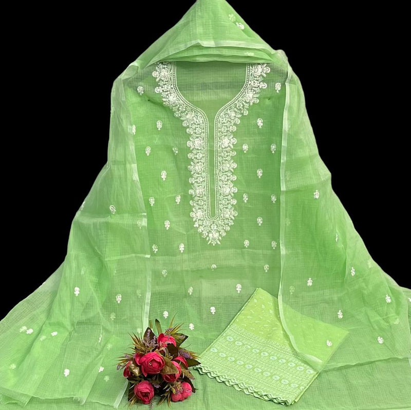 Green Hand Embroided Kota Doria Suit Fabric With Dupatta