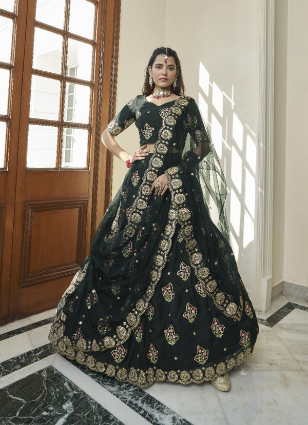 Green Zari &  Embroidery Organza Lehenga