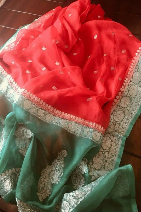Red And Green Banarasi Zari Khaddi Georgette Saree