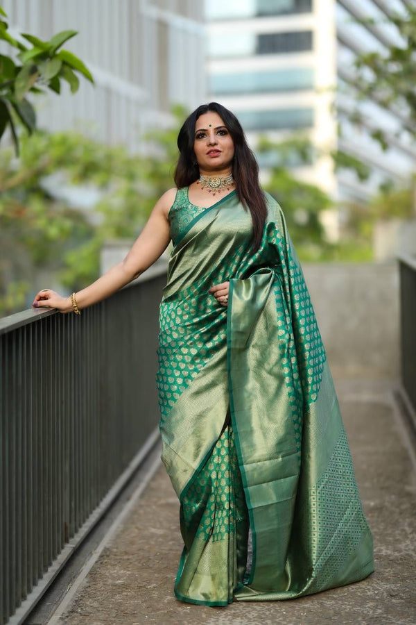 Green Banarasi Soft Silk Saree With Blouse