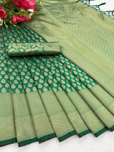Green Banarasi Soft Silk Saree With Blouse