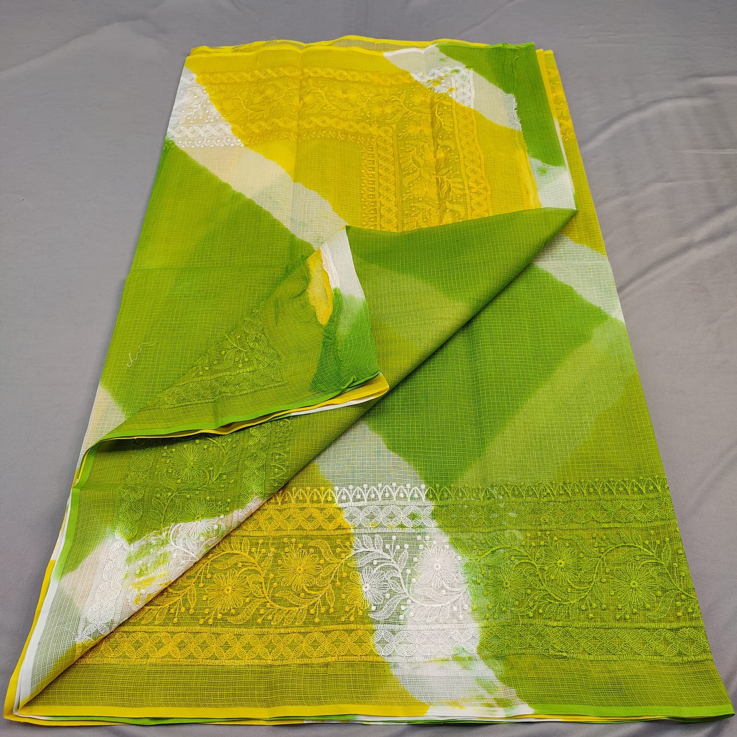 Green And Yellow Hand Embroided Cotton Kota Doria Saree