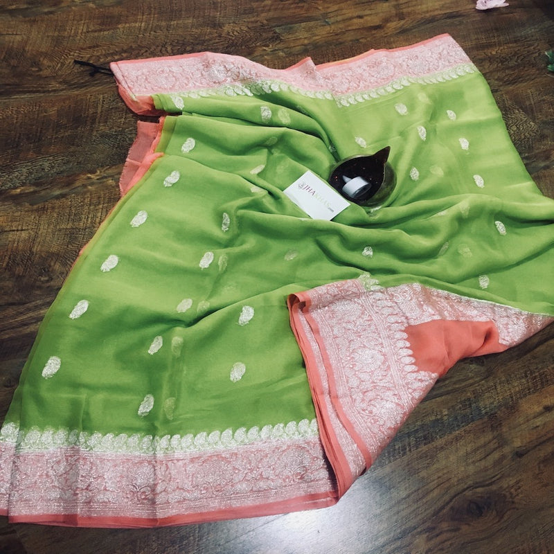 Green And Peach Banarasi Khaddi Georgette Saree
