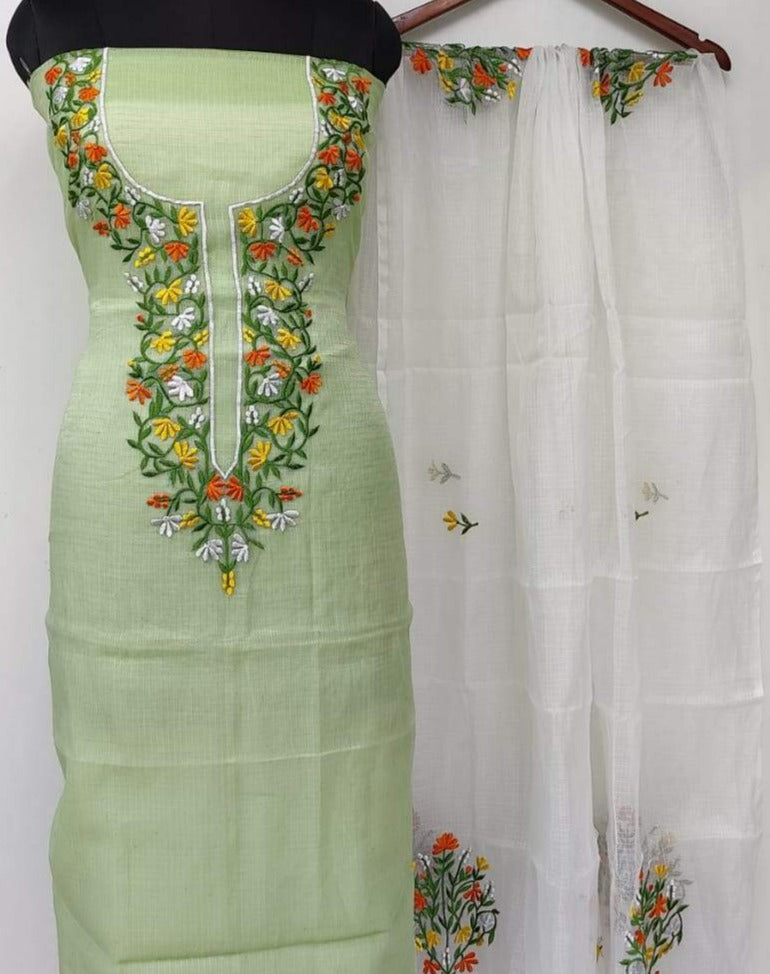Green And White Kota Doria Embroidered Suit,kota doria suits with price