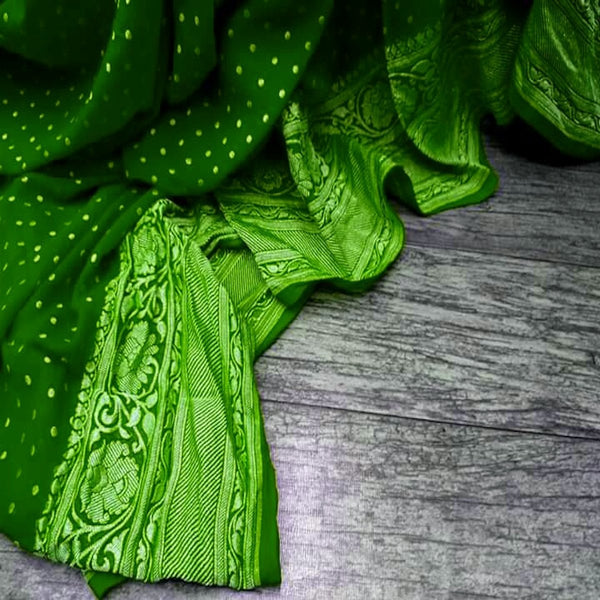 Green Banarasi khaddi chiffon saree, Pure Khaddi Georgette Sarees, Pure banarasi saree online