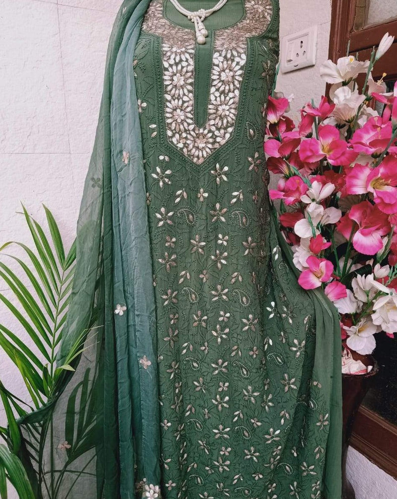Green Chikankari Gota Salwar Suit,Best Lakhnawi Suits,Best Chikankari Suits Online
