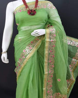 Green Kota Doria Saree in Gota Work,Kota Sarees, Kota Doria Sarees, Kota Saree With Gota Work