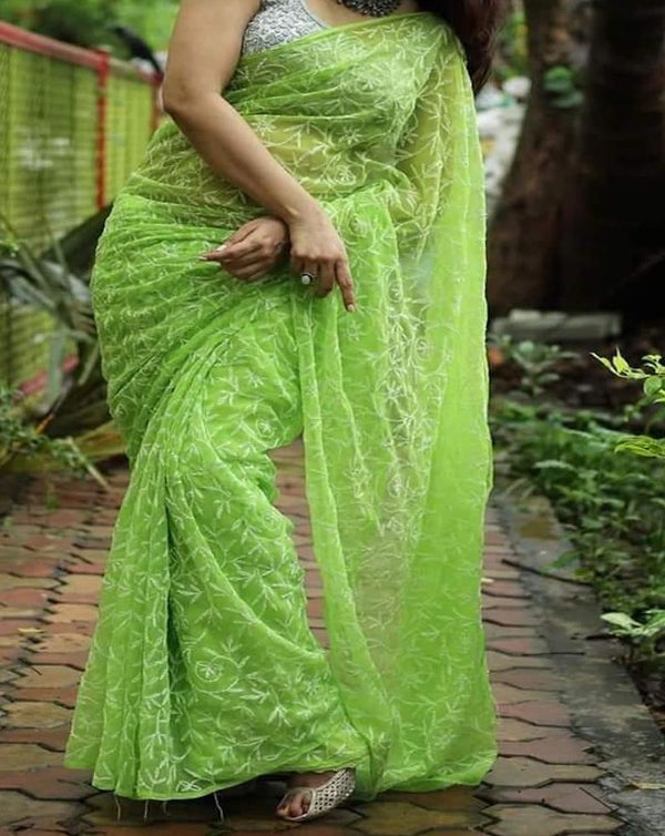 Green Lucknowi Tepechi Work Saree,Chikankari saree from lucknow, Chikankari saree online