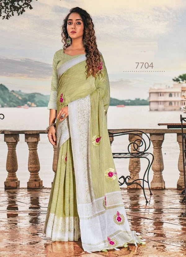 Green Soft Linen Silk Saree,Buy Now Floral Saree At Best Rates,Authentic Linen Embroidery Silk Saree Online