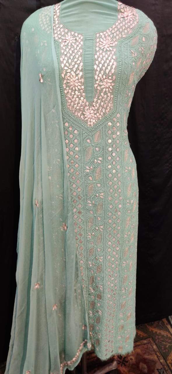 Greenish Gray Chikankai Mukaish Work Salwar Suit - jhakhas.com