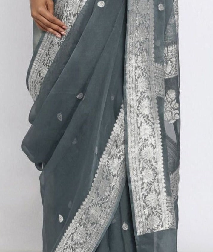 Grey Banarsee Khaddi Chiffon Saree,Wedding Saree, Indian Sarees, Online Sarees