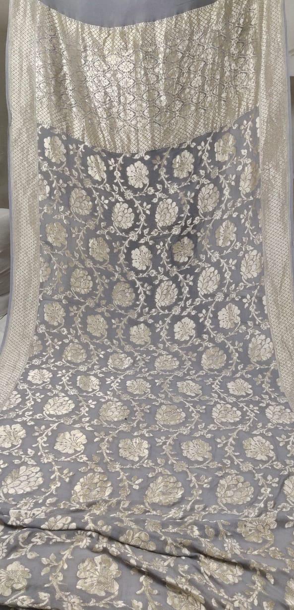 Grey Banarasi Saree With Flower Jaal