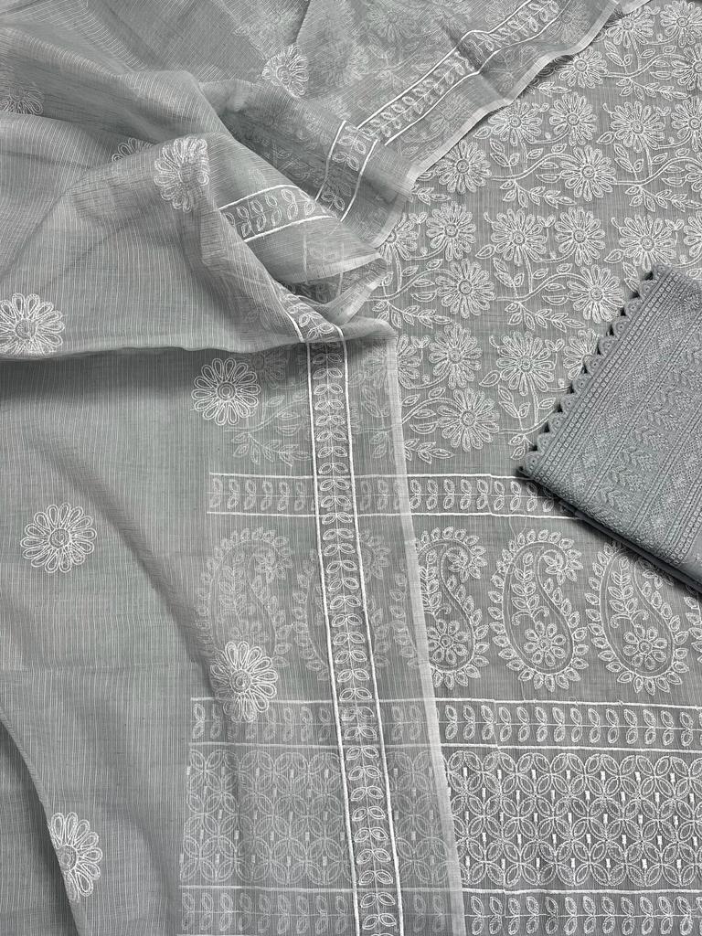 Grey Embroided Cotton Kota Doria Suit Fabric With Dupatta