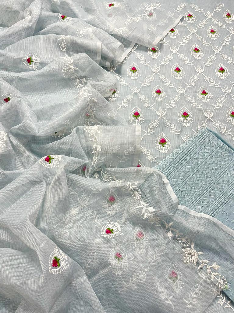 Grey Hand Embroided Kota Doria Suit Fabric With Dupatta