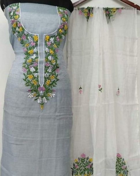 Grey And White Kota Doria Embroidered Suit,kota doria suits online shopping