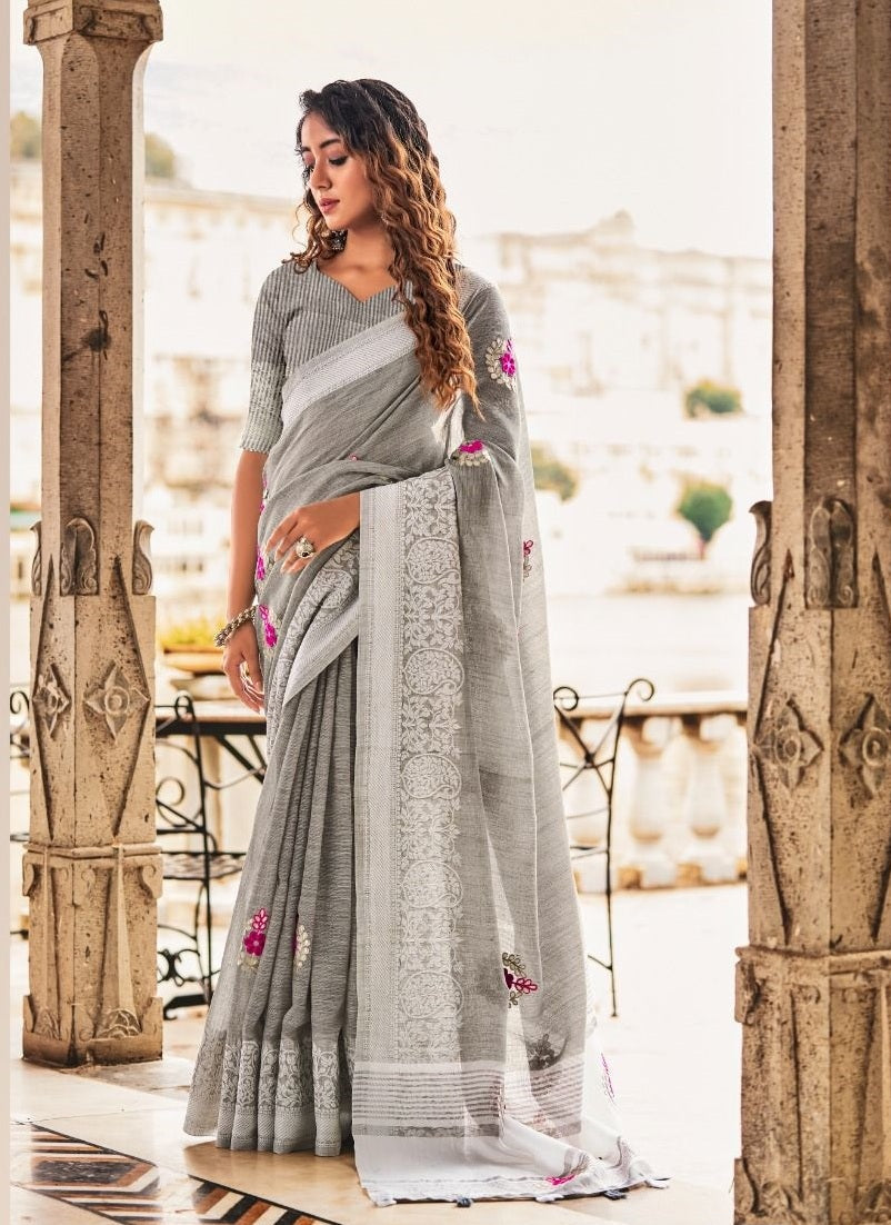 Grey Soft Linen Silk Saree,Grab Now Linen Embroidery Silk Saree Online,Shop Now Floral Print Saree Online