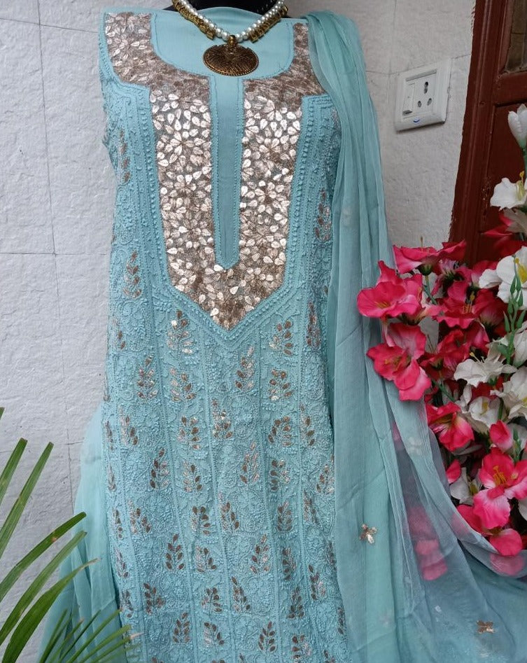 Heavy Chikankari Gota Salwar Suit In Sky Blue,Shop Chikankari Dress Material,Shop Lucknowi Dress