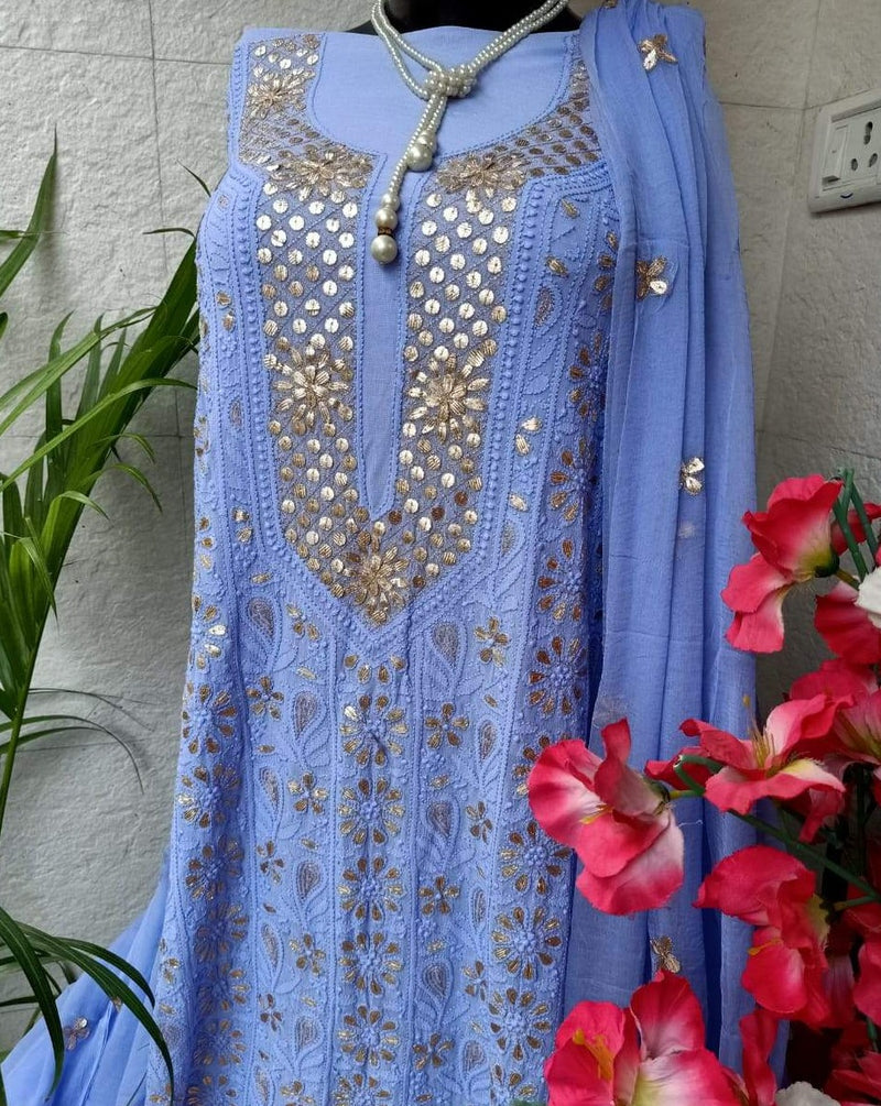 Heavy Chikankari Gota Salwar Suit In Blue,Authentic Best Price Chikankarií«í?,Shop Chikankari Dress Material