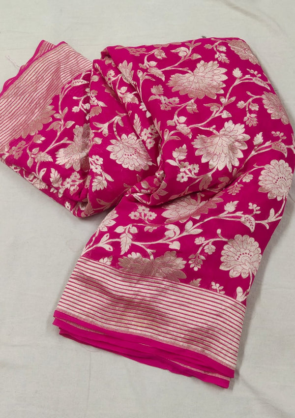 Dark Pink Banarasi Saree With Flower Jaal