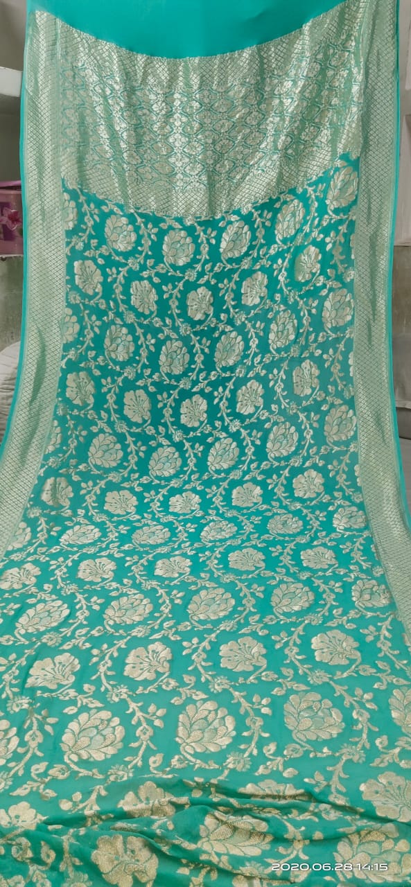 Sky Blue Floral Jaal Banarasi Georgette Saree