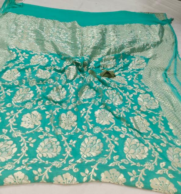 Green Banarasi Saree With Flower Jaal
