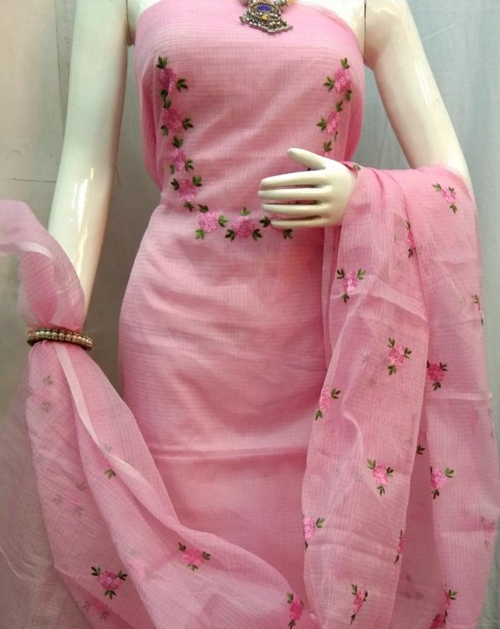 Fancy Kota Doria Embridery Work Suit In Pink,kota doria suits in jaipur
