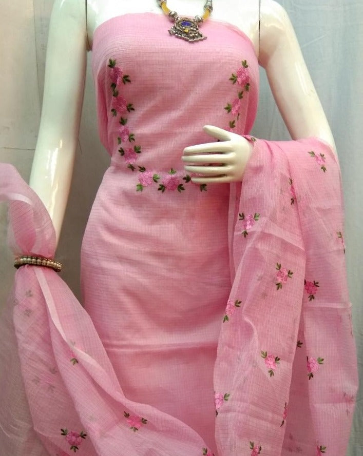 Shop Kota Doria Embroidery Work Suit In Pink,kota doria suits with price