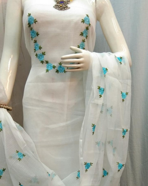 Kota Doria Embroidery Work Suit In White,kota doria suit material