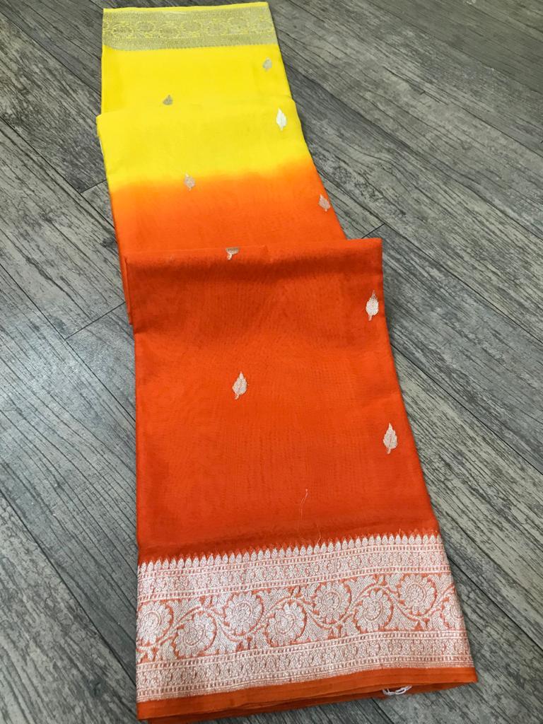 Banarasi Chiffon Shaded Khaddi In YellowOrange - jhakhas.com