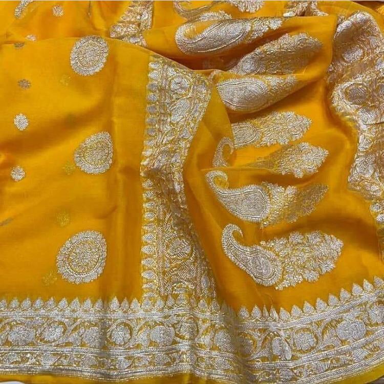 Dark Yellow Banarasi Khaddi Chiffon saree - jhakhas.com