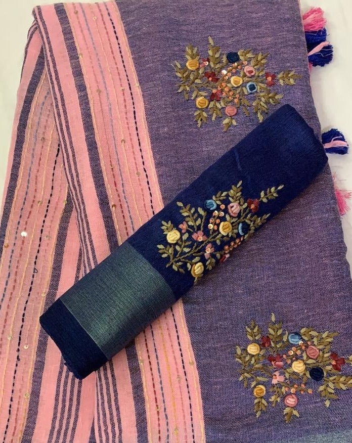 Peach Linen Embroidery Saree, Buy Office Wear Saree , Traditional Saree
