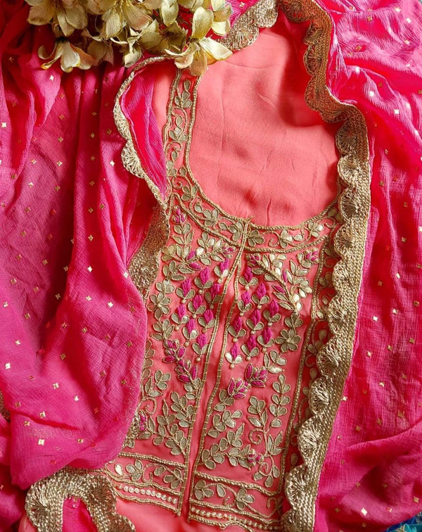 Peach Gota Patti Suit With Designer Pink Dupatta,Latest Bandhej Hand Gota Patti Suit Online,Shop Bandhani Gota Patti Suit Set At Best Rates