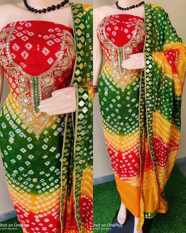 Multicolor Bandhej Silk Gota Work Suit,Buy Bandhani Gota Patti Suit Set Online,Latest Bandhej Gota Patti Suit Set At Affordable Rate