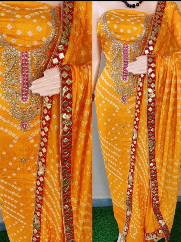 Yellow Bandhej Silk Gota Work Suit Set,Buy Bandhani Gota Patti Suit Set Online,Latest Bandhej Gota Patti Suit Set At Affordable Rate