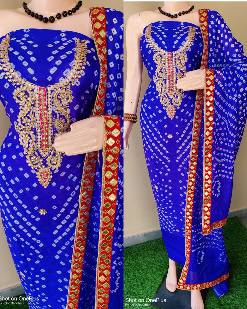 Blue Bandhej Silk Gota Work Suit Set,Shop Bandhej Gota Patti Salwar Suit Online,Buy Bandhani Gota Patti Salwar Kameez At Best Rate