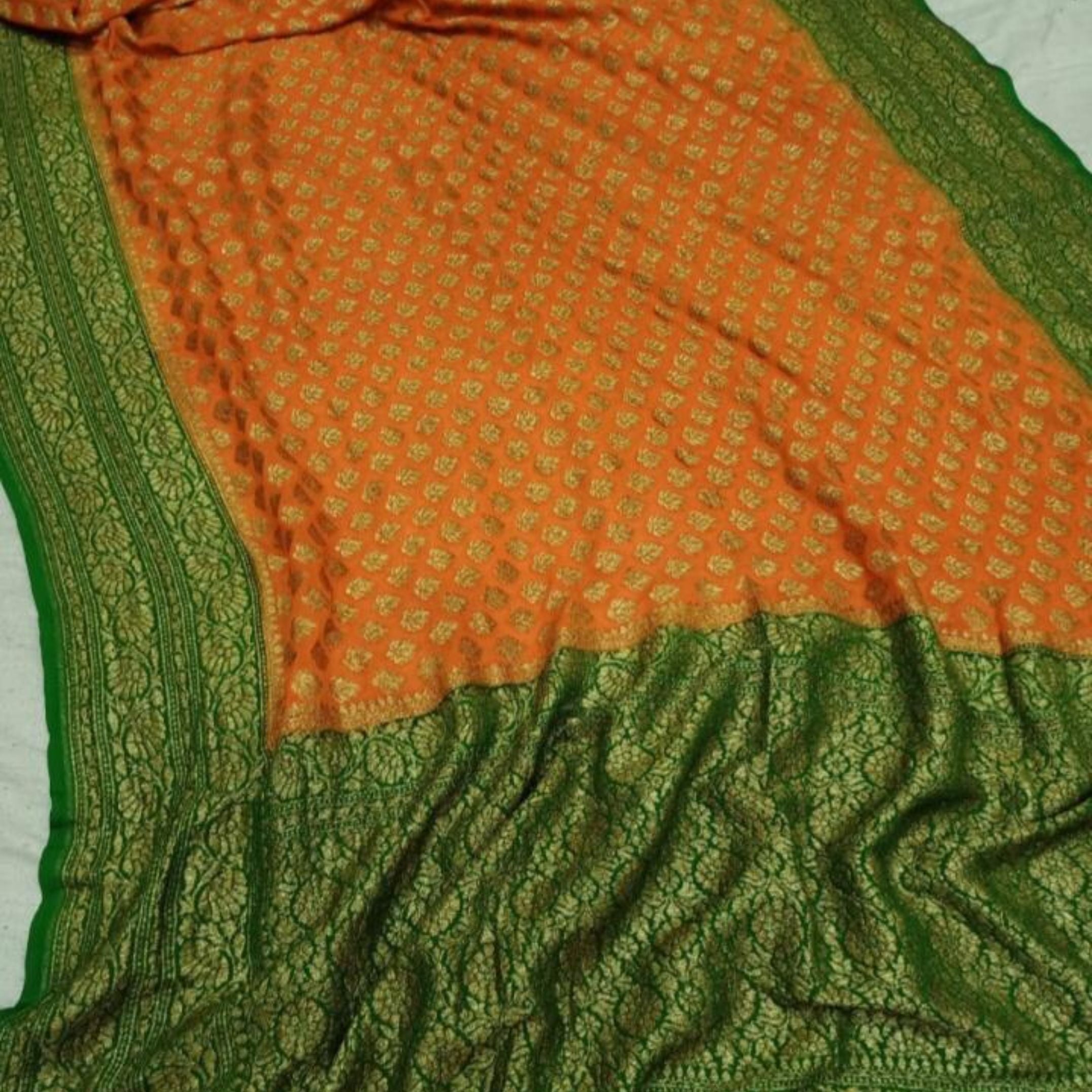 Orange-Green Handloom Banarasi Khaddi Saree