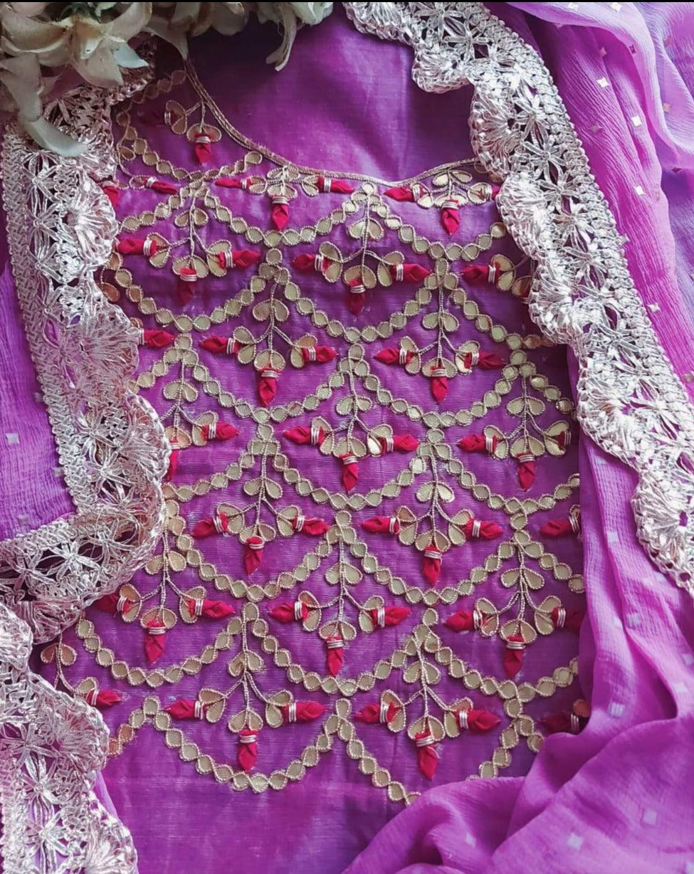 Gota Patti Suit In Purple With Matching Dupatta,Latest Bandhej Hand Gota Patti Suit Online,Shop Bandhani Gota Patti Suit Set At Best Rates