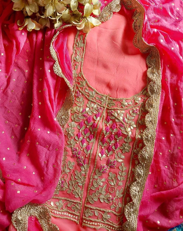 Peach Gota Patti Suit Set,Buy Bandhani Gota Patti Suit Set Online,Latest Bandhej Gota Patti Suit Set At Affordable Rate