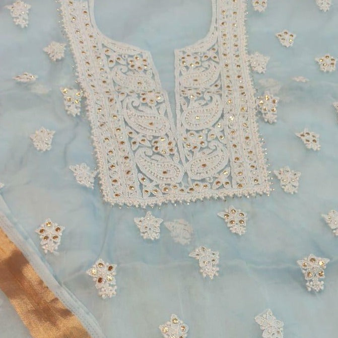 Buy Now  Organza Chikankari Salwar Suit In Pastel Blue,Pure Lucknowi Chikankari Suits Online,Jhakhas